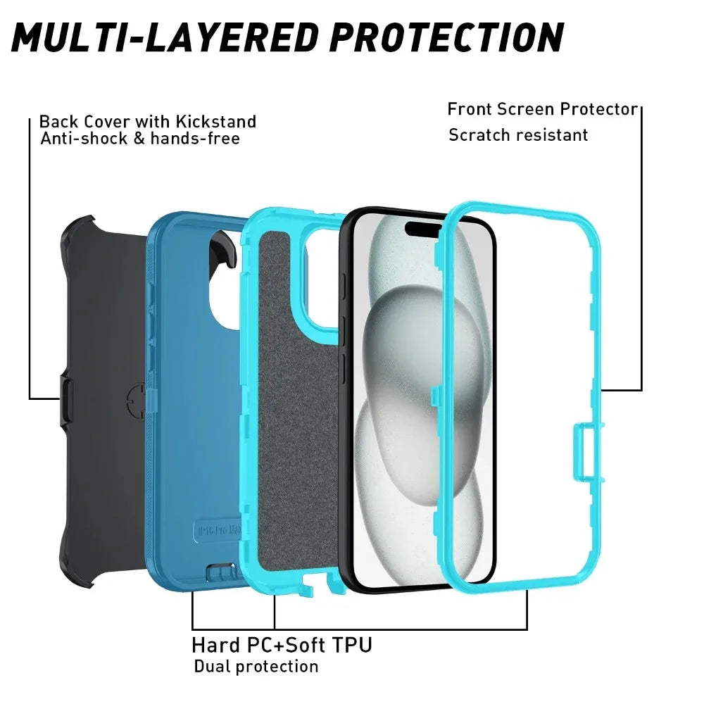 Rugged Ott Armor Shockproof Defender Phone Case for Iphone 17 16 15 14 13 12 11 Pro Max 16E Hard Drop Proof Back Cover Funda